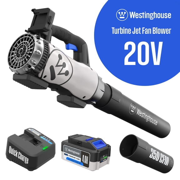 Westinghouse Cordless 20V Leaf Blower with 4Ah Battery and Charger, 350 CFM and 110 MPH Max Airspeed, 2 hr. Charge Time with Variable Speeds