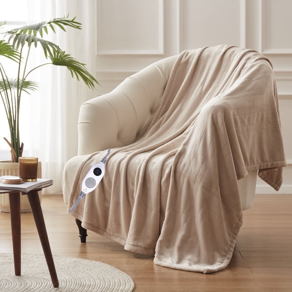 Westinghouse Electric Blanket 50" x 60" Flannel Heated Throw Blanket, 6 Heating Levels & 2-10 Hour Time Setting, Machine Washable, Beige