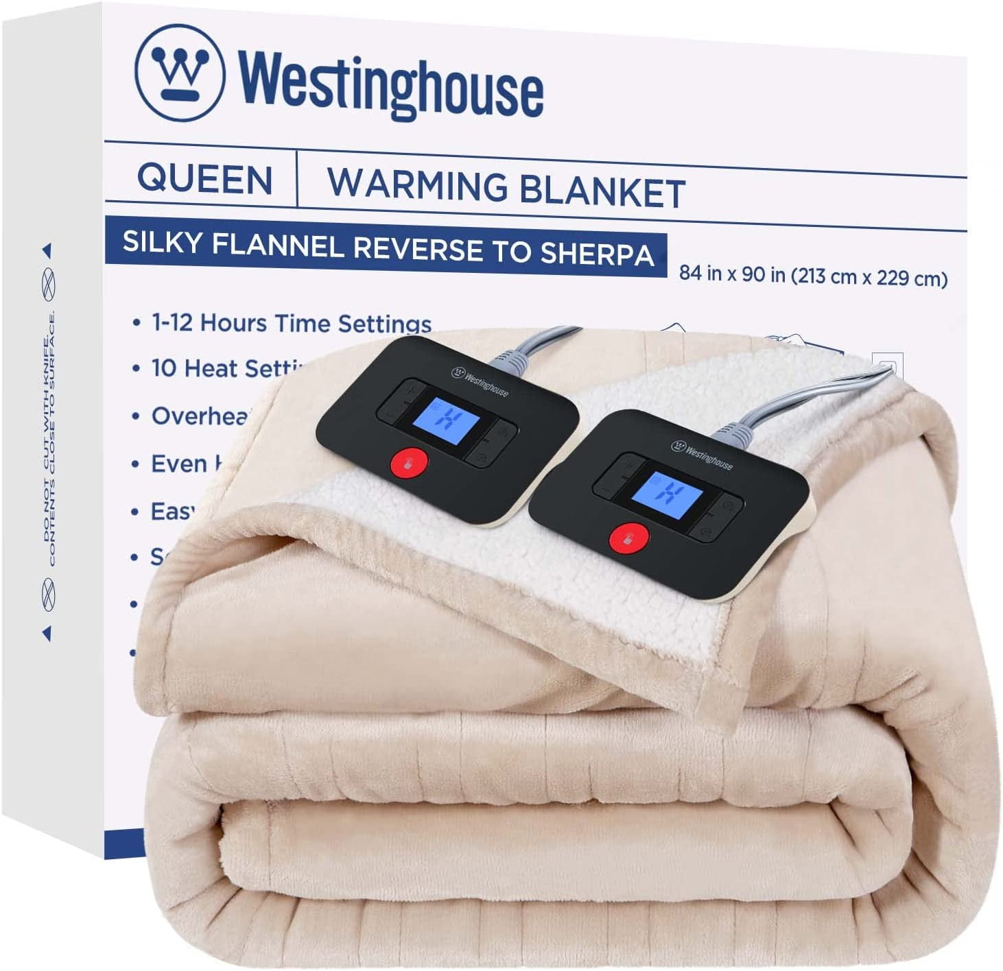 Westinghouse Electric Blanket Heated Blanket 10 Heating Levels 1 to 12 Hours Heating Time Settings Flannel to Sherpa Reversible 84x90 Queen Size