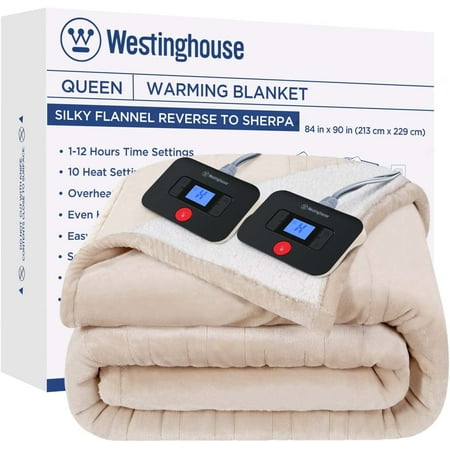 Westinghouse Electric Blanket Heated Blanket | 10 Heating Levels & 1 to 12 Hours Heating Time Settings | Flannel to Sherpa Reversible 84x90 Queen Size | Machine Washable - Beige