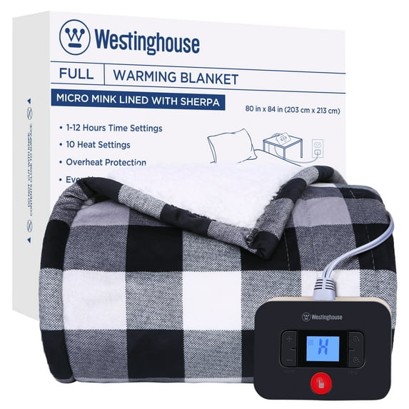 Westinghouse Electric Blanket Heated Throw Full Size, 80" x 84", Plaid Sherpa Heating Blanket, 6 Heating Levels & 2-10 Hours Heating Time Settings, Black Plaid
