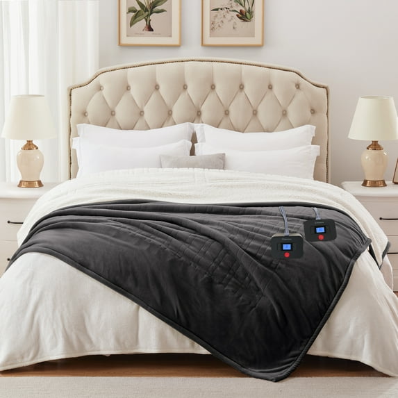Westinghouse Flannel to Sherpa Electric Heated Blanket full size, 6 Heating Levels & 2-10 Hours Auto Shut off Setting, Reversible Heated Throw, Charcoal Grey