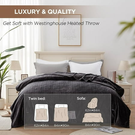 Westinghouse Heated Blanket, Electric Throw Blanket with 10 Heating Levels, 12 Hours Auto Off, Overheat Protection, Machine Washable, Flannel