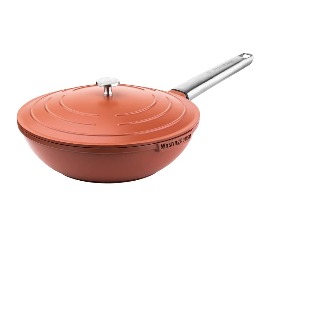 Westinghouse Wok with Lid, 11 Inches, Red, Cast aluminum, Kitchen