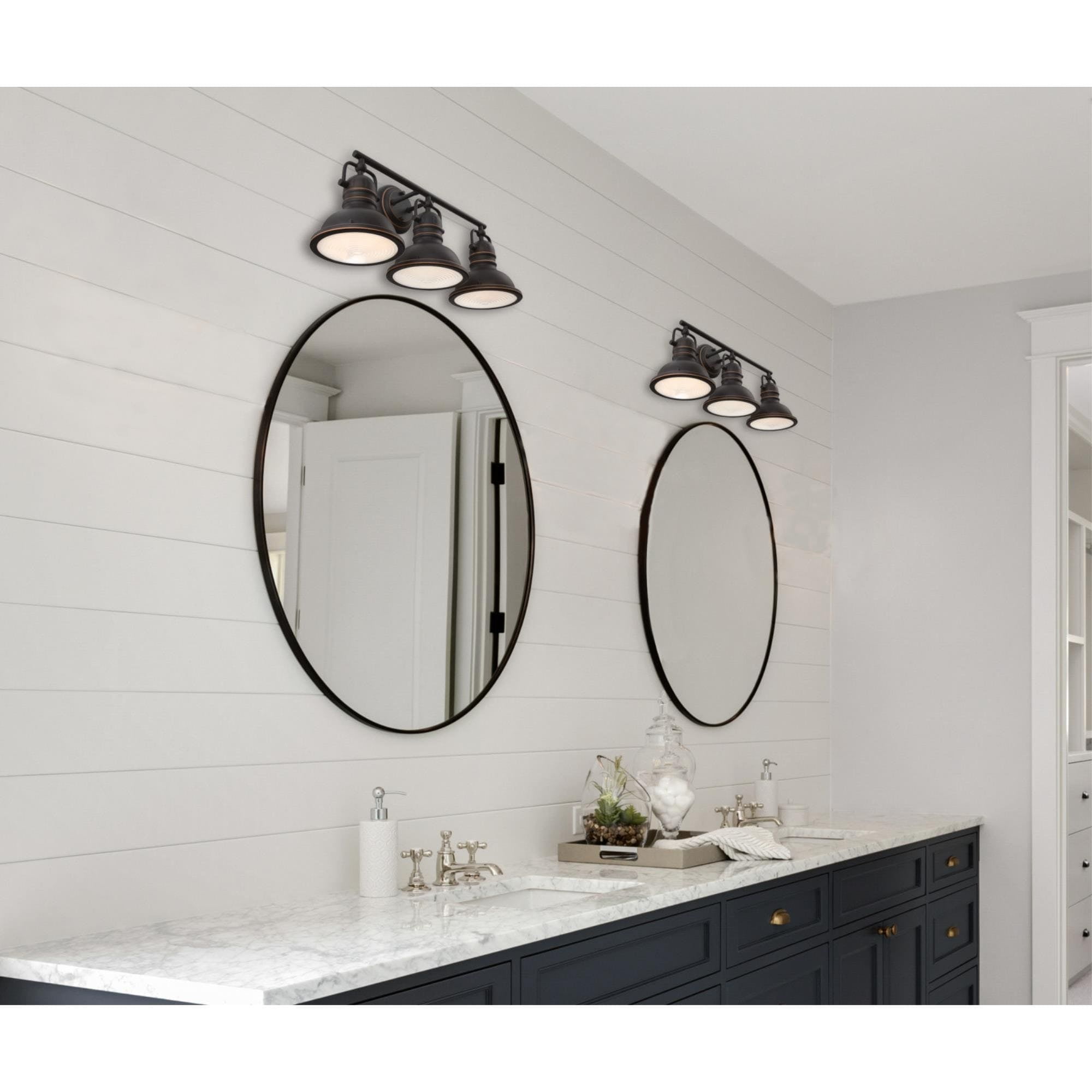 Boswell Vintage-Style Bronze 3-Light Vanity Fixture with Frosted Prismatic Lenses