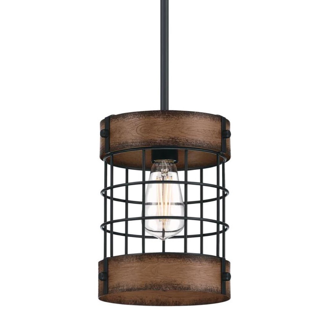 Langston Matte Black and Barnwood Cage Pendant Light
