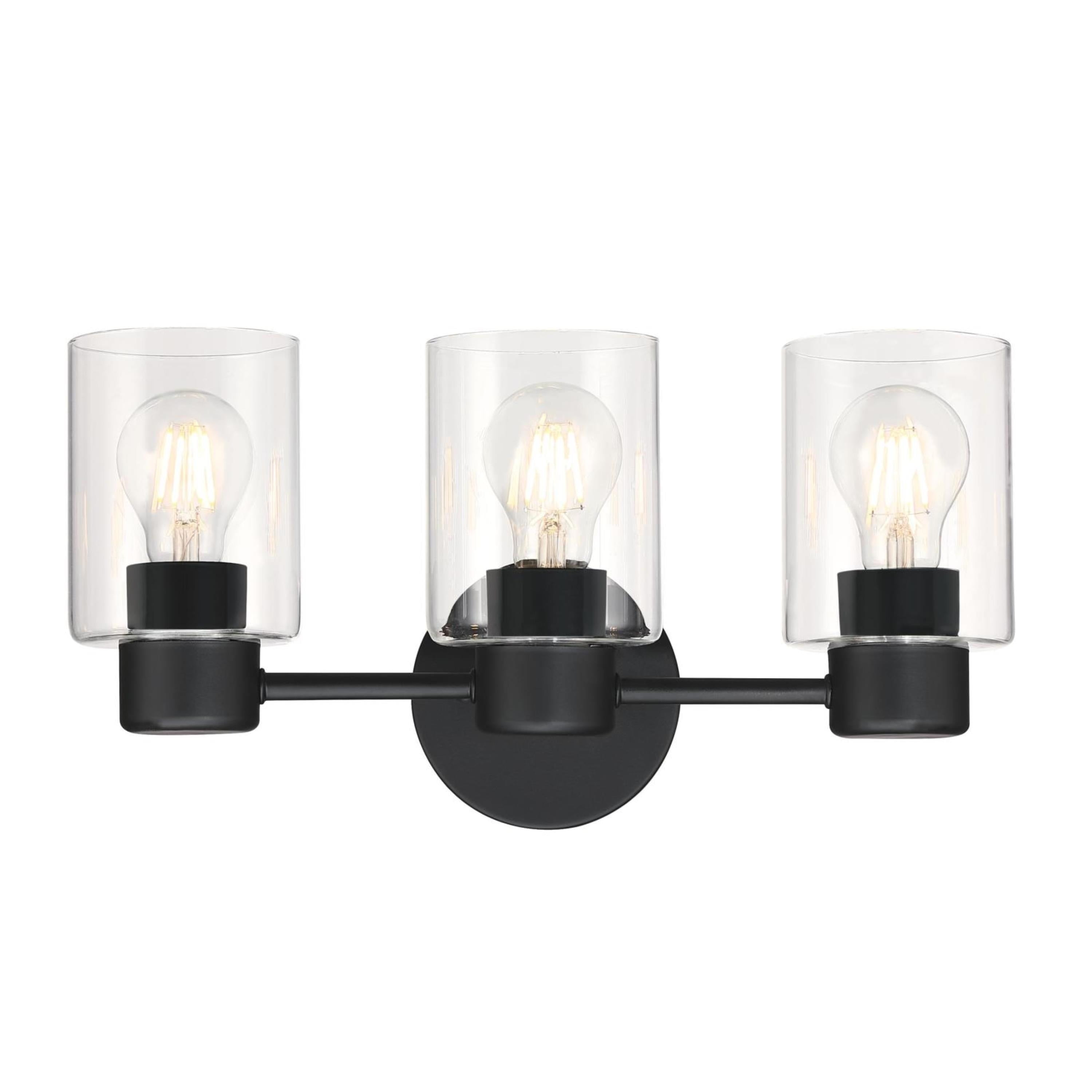 Matte Black Three-Light Vanity Wall Fixture with Clear Glass Shades