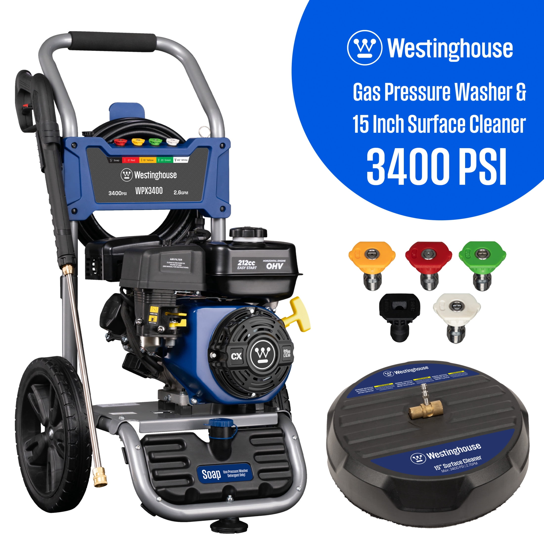 Westinghouse WPX3400SC Gas Pressure Washer with 15-in Surface Cleaner, 3400 PSI and 2.6 Max GPM, Onboard Soap Tank, Spray Gun and Wand, 5 Nozzle Set, for Cars/Fences/Driveways/Homes/Patios/Furniture