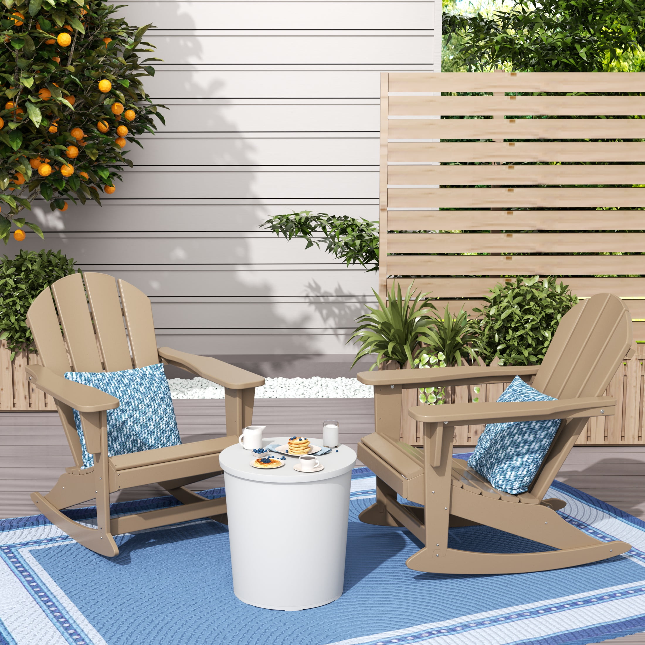 Weathered Wood Outdoor Rocking Adirondack Chair Set with Wide Armrests