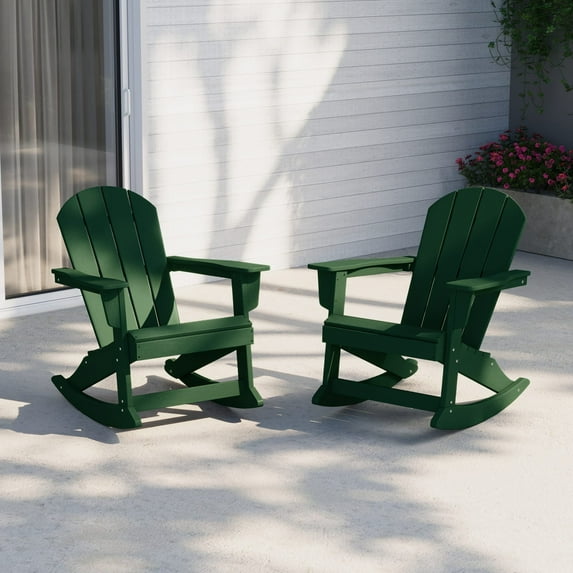 Westintrends Malibu Outdoor Rocking Chair Set of 2, All Weather Resistant Poly Lumber Classic Porch Rocker Chair, 350 lbs Support Patio Lawn Plastic Adirondack Chair, Dark Green