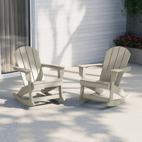 Westintrends Malibu Outdoor Rocking Chair Set of 2, All Weather Resistant Poly Lumber Classic Porch Rocker Chair, 350 lbs Support Patio Lawn Plastic Adirondack Chair, Sand