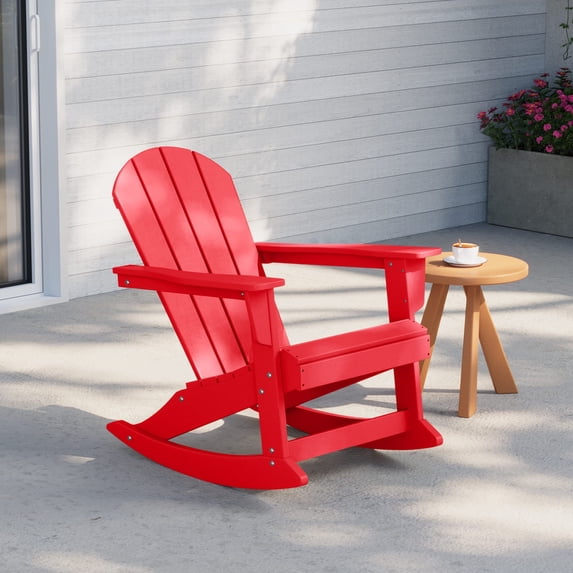 Westintrends Malibu Rocking Chair Outdoor, All Weather Resistant Poly Lumber Classic Porch Rocker Chair, 350 lbs Support Patio Lawn Plastic Adirondack Chair, Red