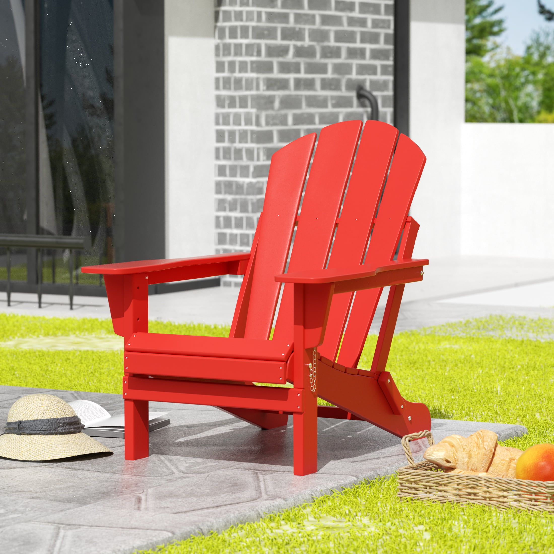 JONPONY Outdoor Folding HDPE Adirondack Chair, Patio Seat, Weather Resistant, Red