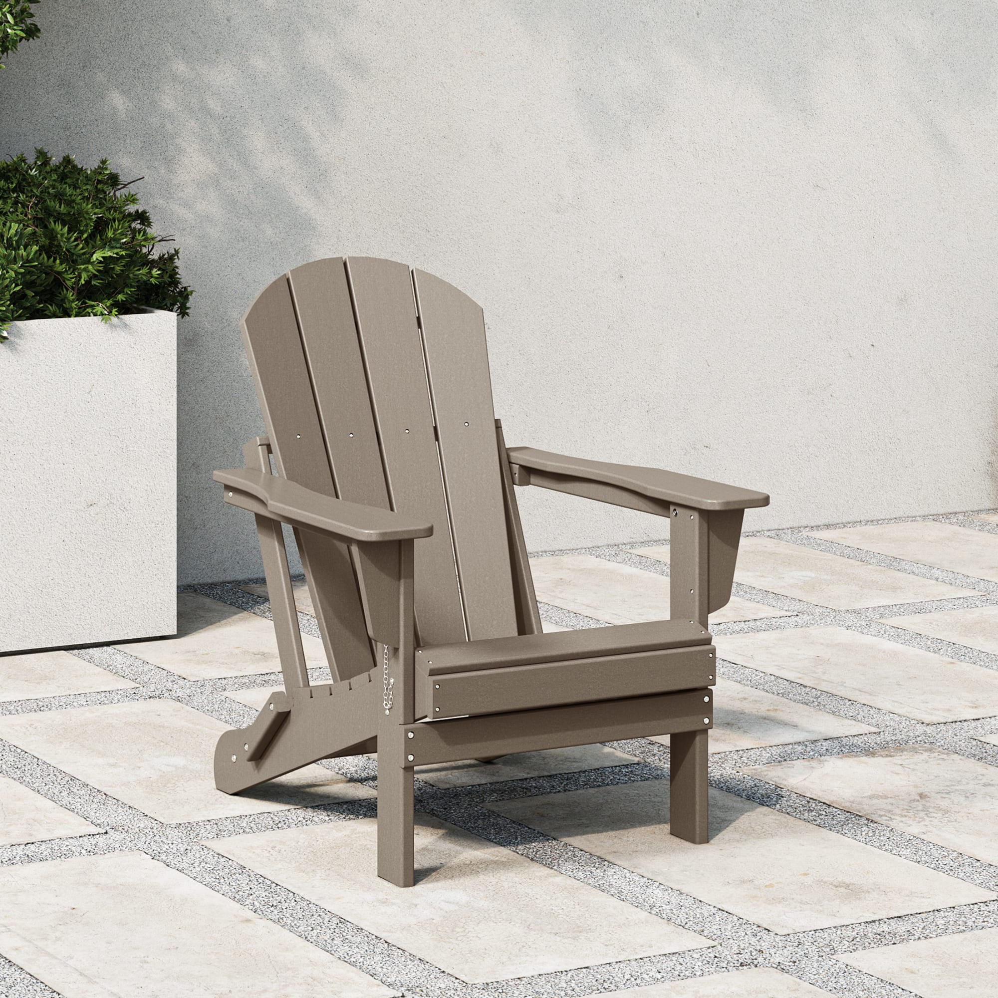 Weathered Wood HDPE Outdoor Folding Adirondack Chair with Wide Armrests