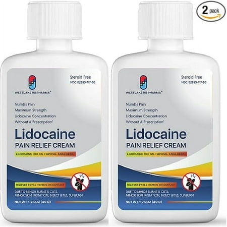 Westlake Lidocaine 4% Pain Relief Cream | Numbs Away Pain and Itch, Maximum OTC Strength | 2 Pack