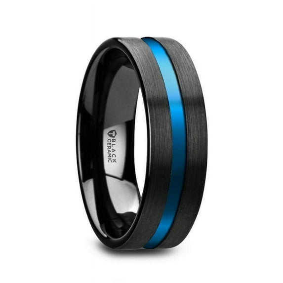 Westley Flat Brushed Finish Black Ceramic Mens Wedding Ring With Blue Grooved Center