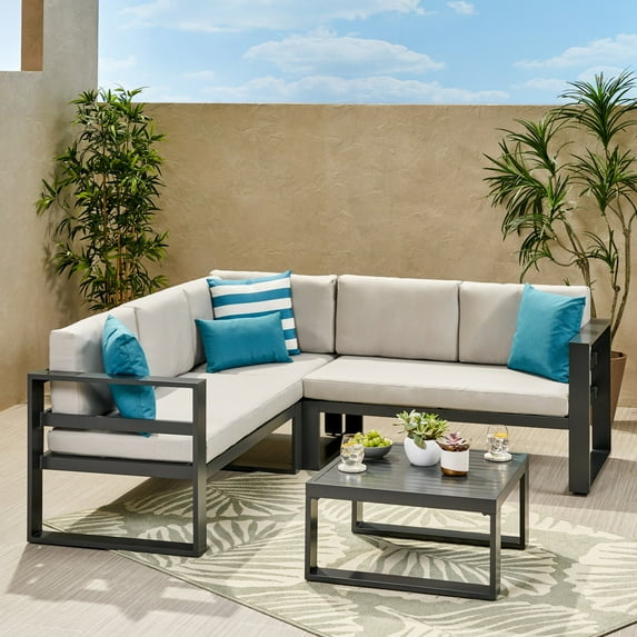 Westley Outdoor Aluminum Sofa Sectional with Coffee Table, Beige, Gray