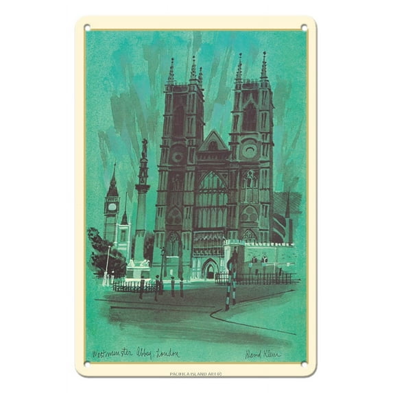 Westminster Abbey London - Vintage Travel Poster by David Klein c.1968 - 8 x 12 inch Vintage Metal Tin Sign