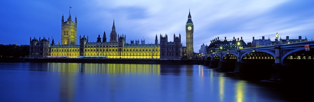 Westminster Bridge with Houses of Parliament in the background Thames River London England Canvas Art - Panoramic Images (36 x 12)
