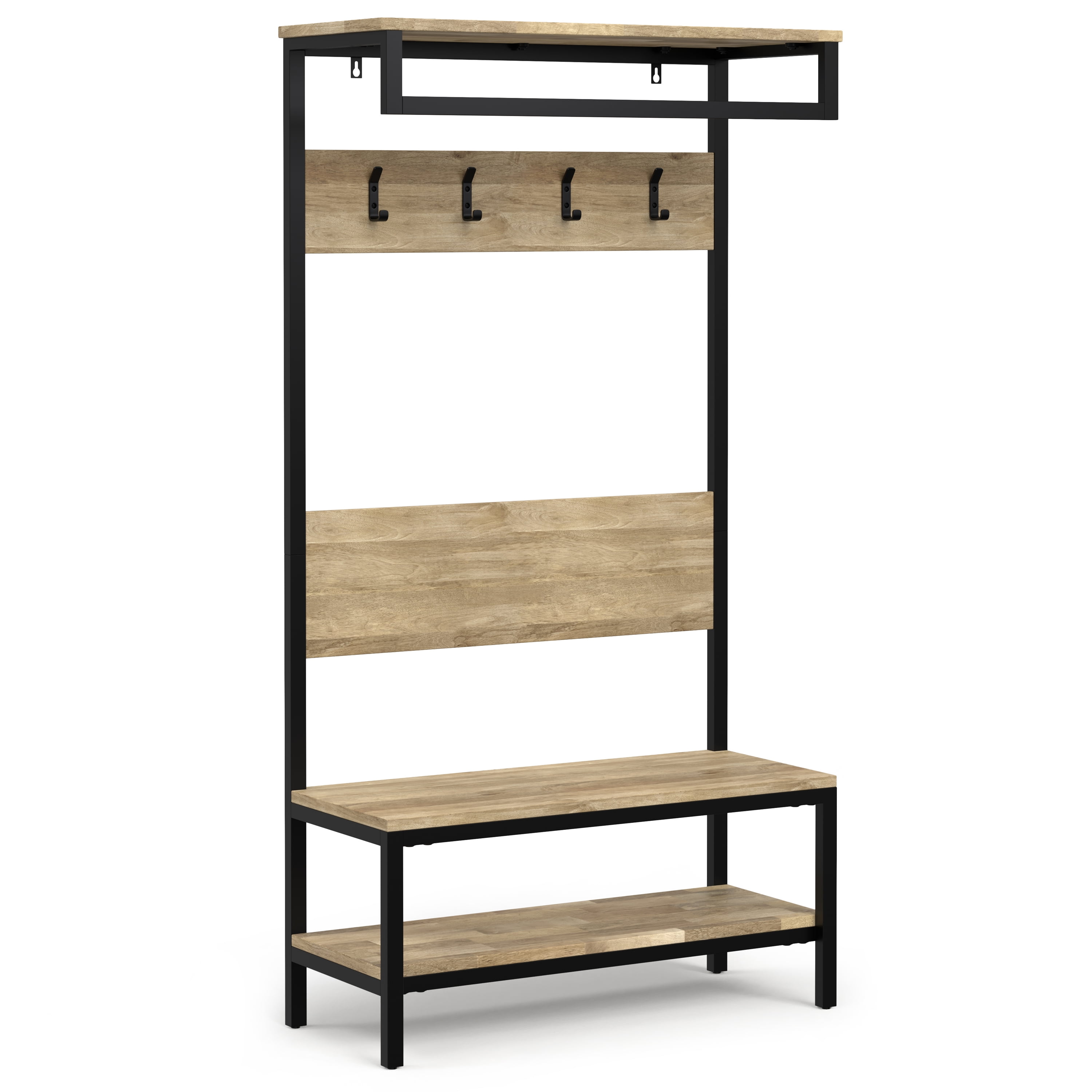 Natural Mango Wood Industrial Hall Tree with Storage Bench