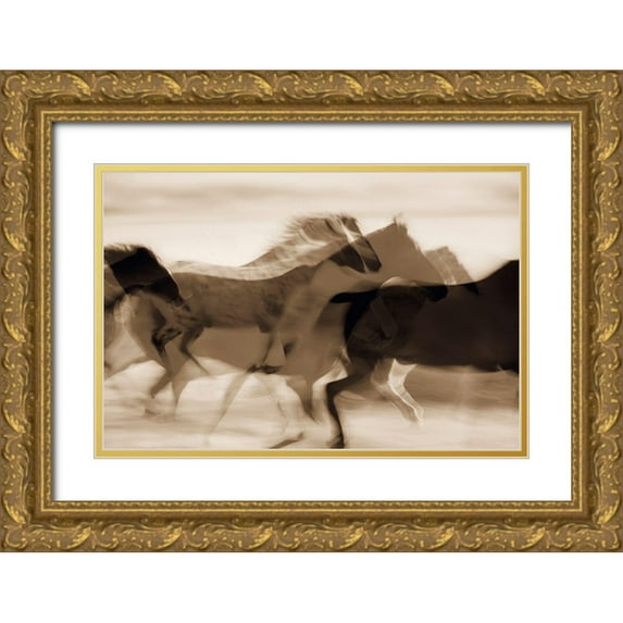 Westmorland, Stuart 14x11 Gold Ornate Wood Framed with Double Matting Museum Art Print Titled - Sepia abstract of wild mustangs (Equus caballus) running Oregon-USA