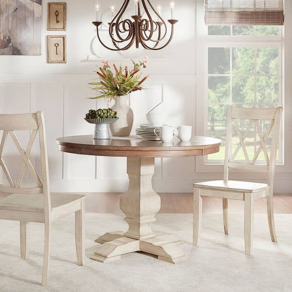 Weston Home 45" Round Oak Top Dining Table with Antique WhitePedestal