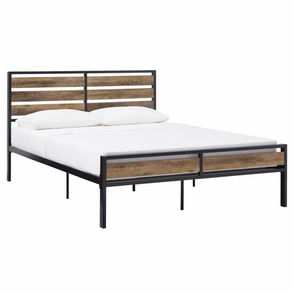 Weston Home Aabir Low Profile Metal and Wood Platform Full Bed, Brown/Black