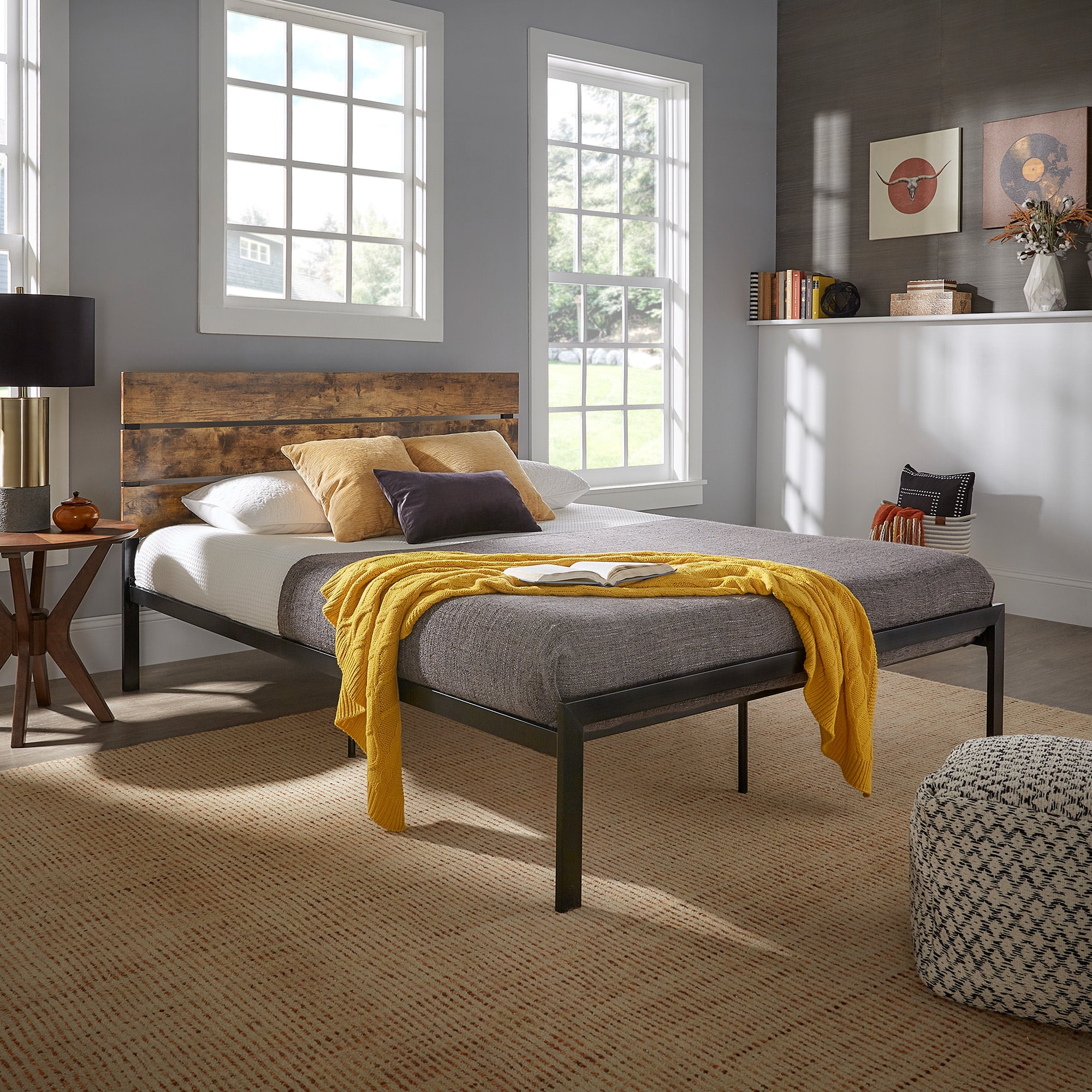 Weston Home Aabir Metal Queen Platform Bed with Wood Finish Panels