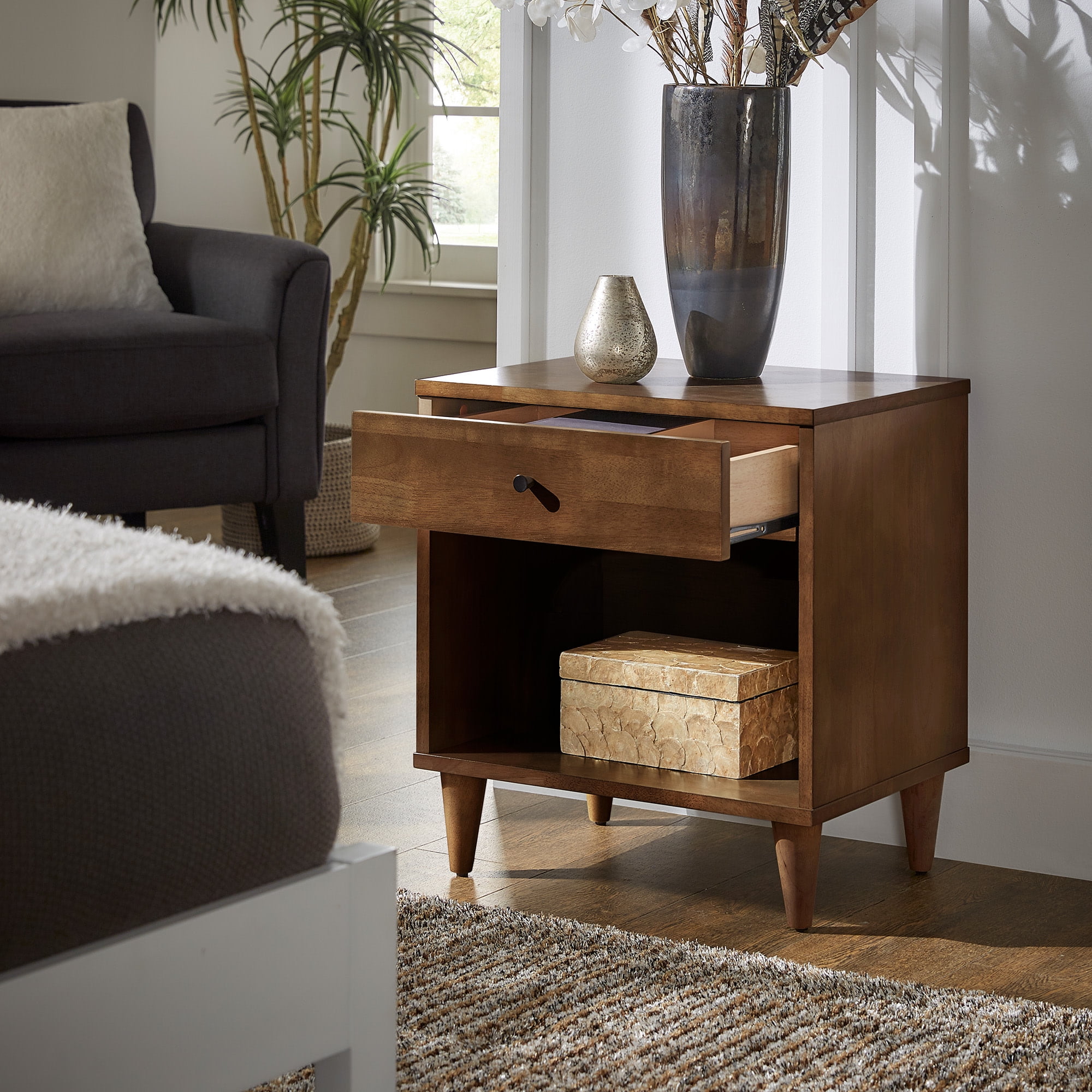 Weston Home Aleph 1-Drawer Wood Nightstand, Tobacco Finish