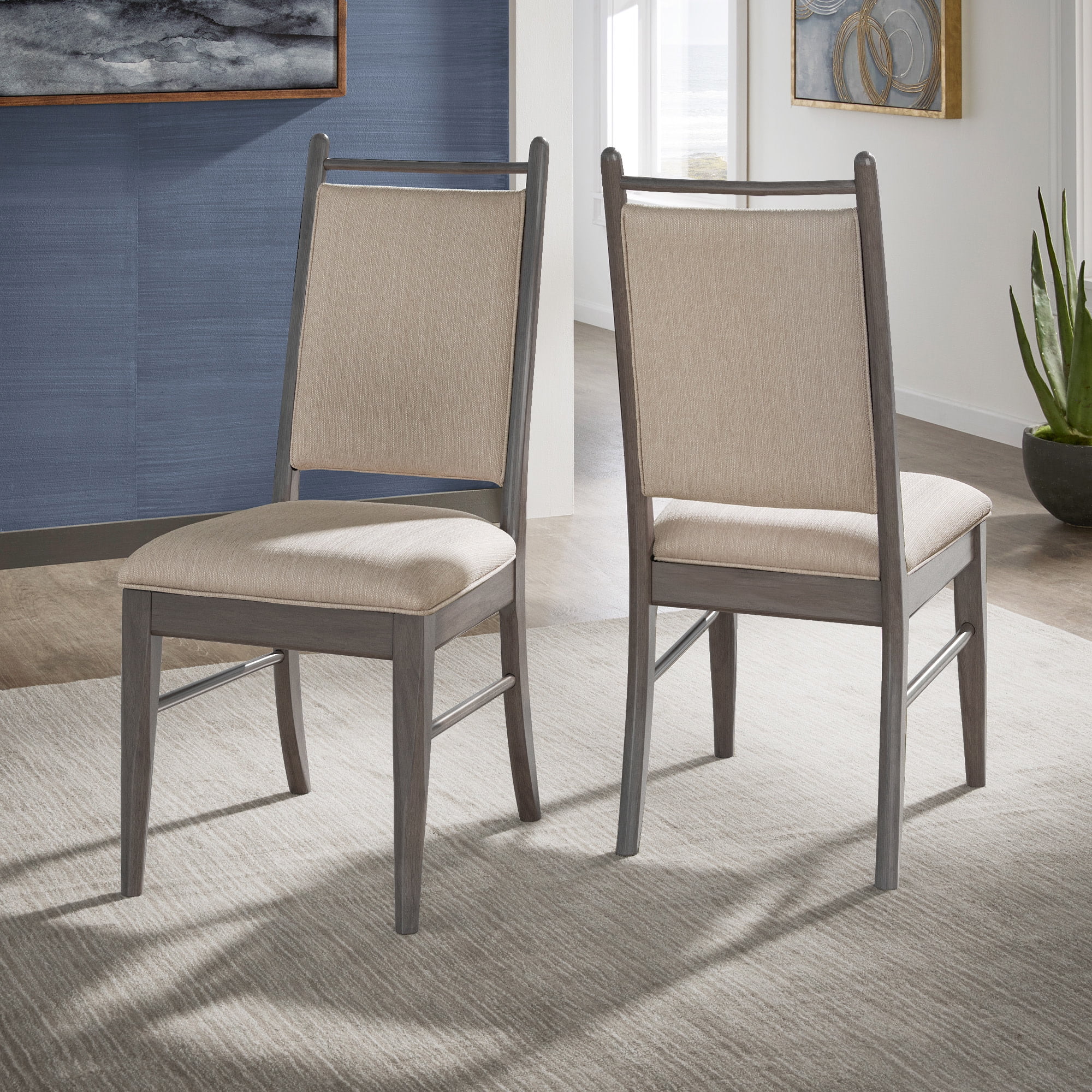 Weston Home Alta Wood Finish Beige Fabric Dining Chair, Set of 2, Gray