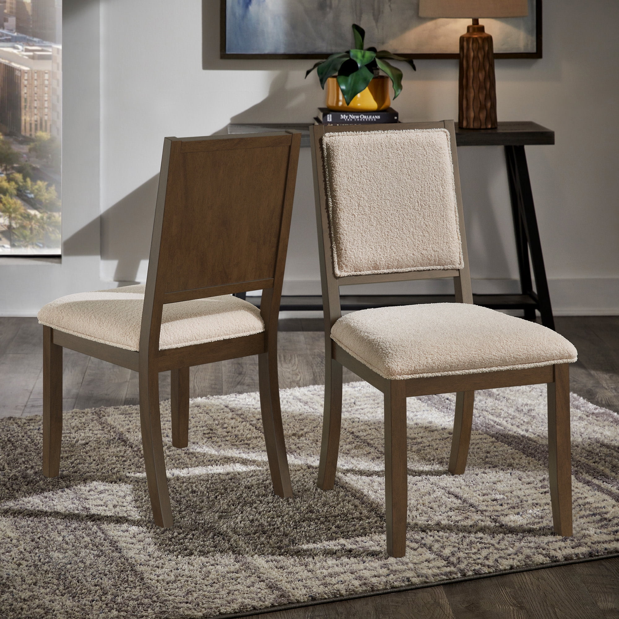 Weston Home Alta Wood Finish Cream Boucle Fabric Dining Chair, Set of 2, Walnut