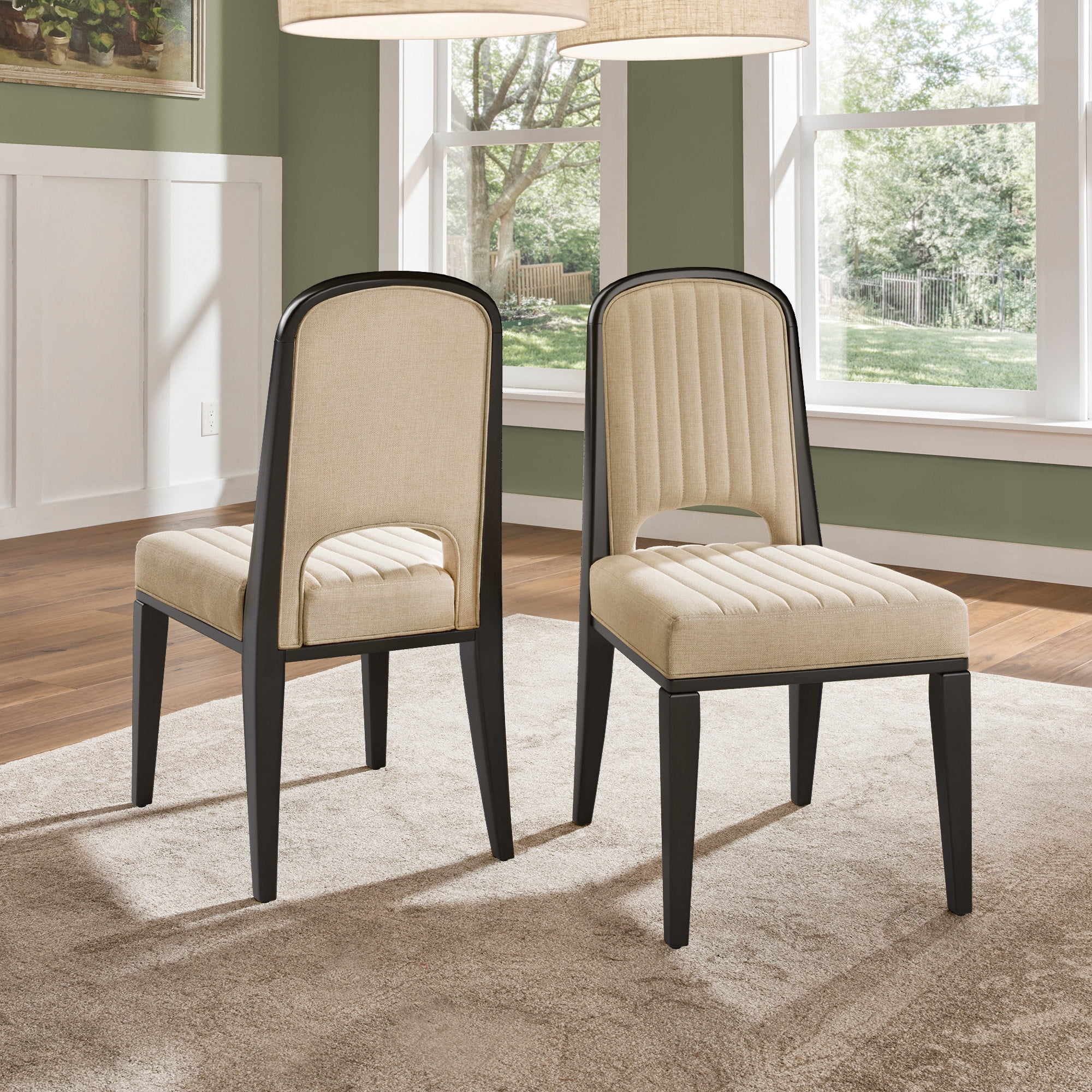 Weston Home Alta Wood Finish Cream Fabric Channel Stitching Dining Chair, Set of 2, Black Oak