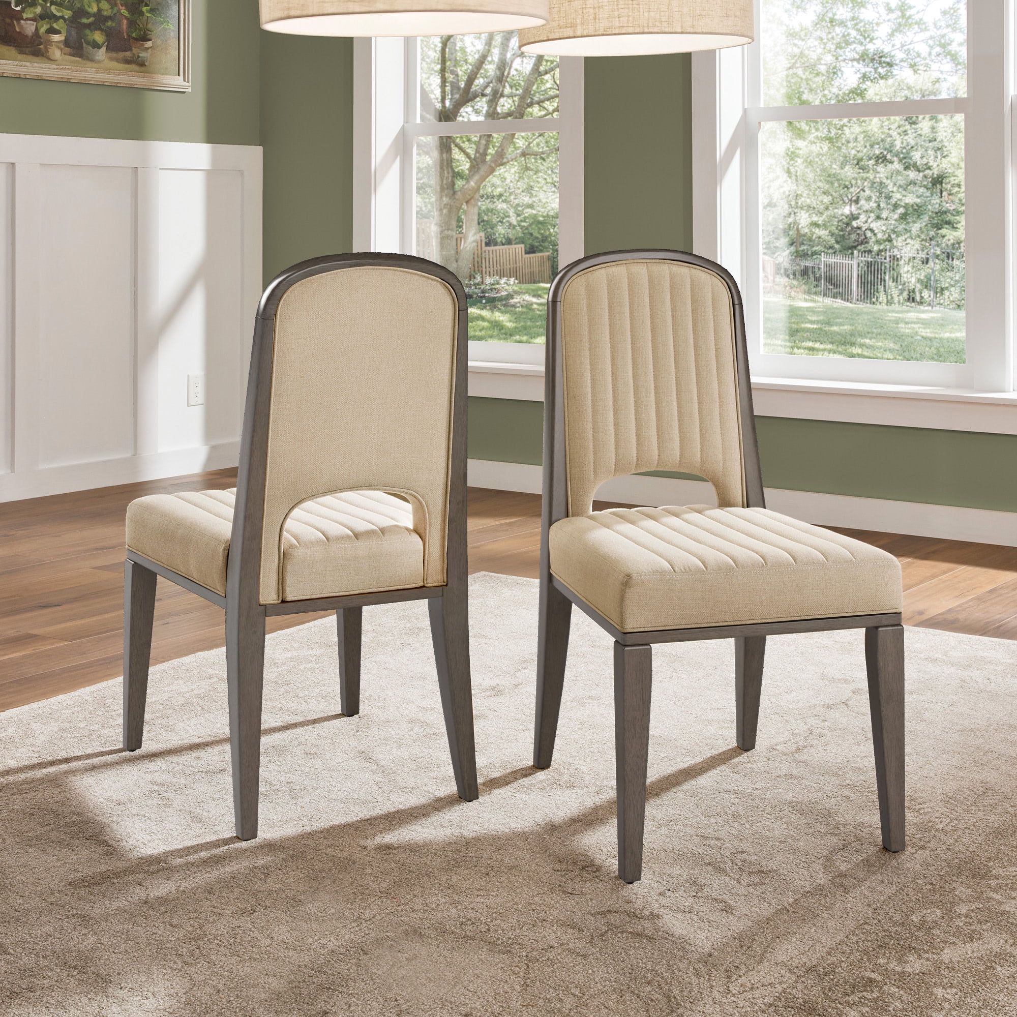Weston Home Alta Wood Finish Cream Fabric Channel Stitching Dining Chair, Set of 2, Gray