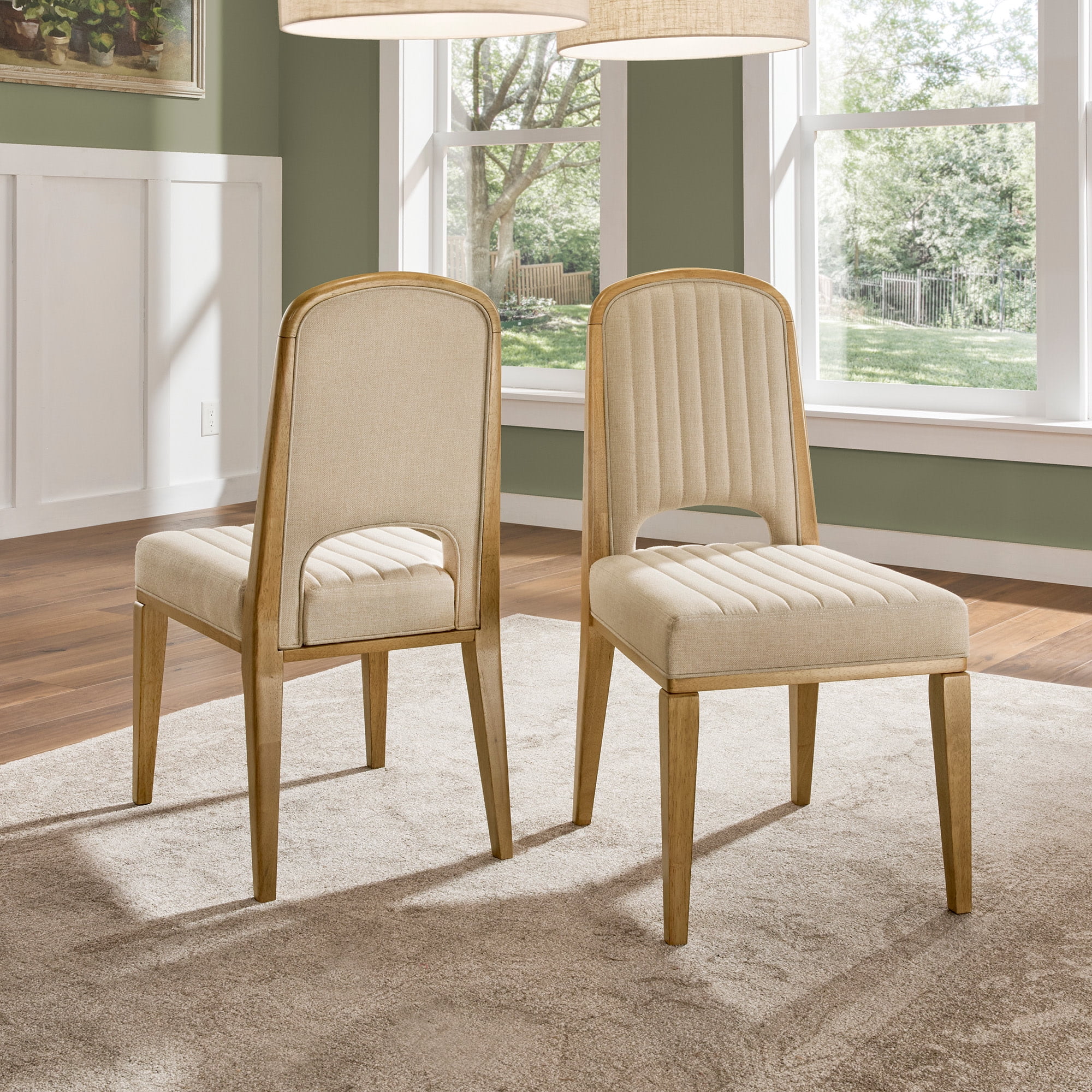 Weston Home Alta Wood Finish Cream Fabric Channel Stitching Dining Chair, Set of 2, Oak Wash