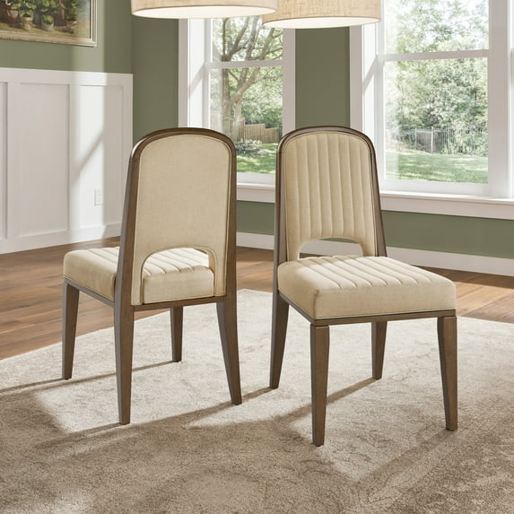 Weston Home Alta Wood Finish Cream Fabric Channel Stitching Dining Chair, Set of 2, Walnut