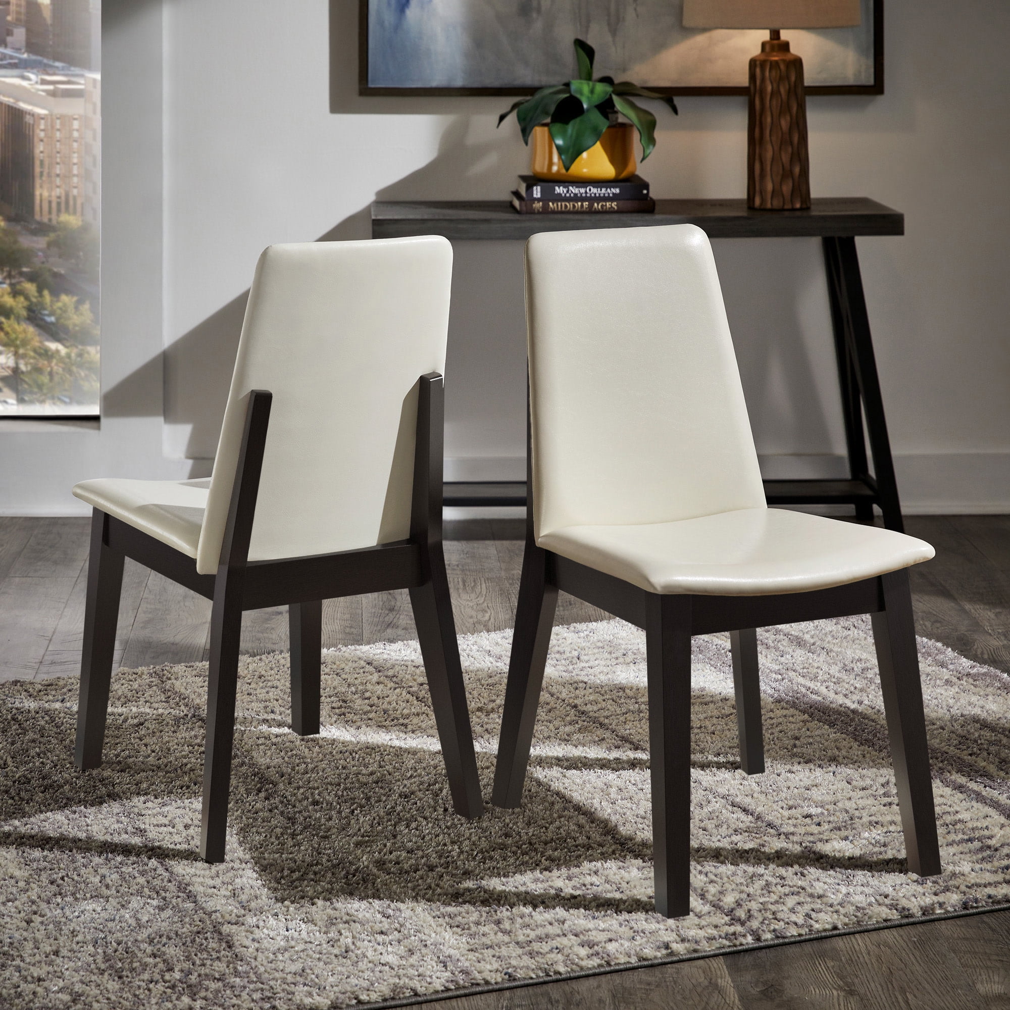 Weston Home Alta Wood Finish White Vegan Leather Dining Chair, Set of 2, Black Oak