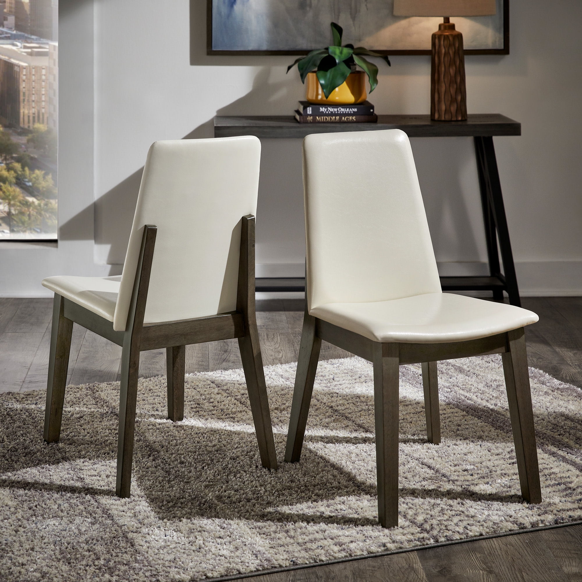 Set Of 2 Modern White Faux Leather And Walnut Finish Dining Chairs Set Of 2 Modern White Faux Leather And Walnut Finish Dining Chairs