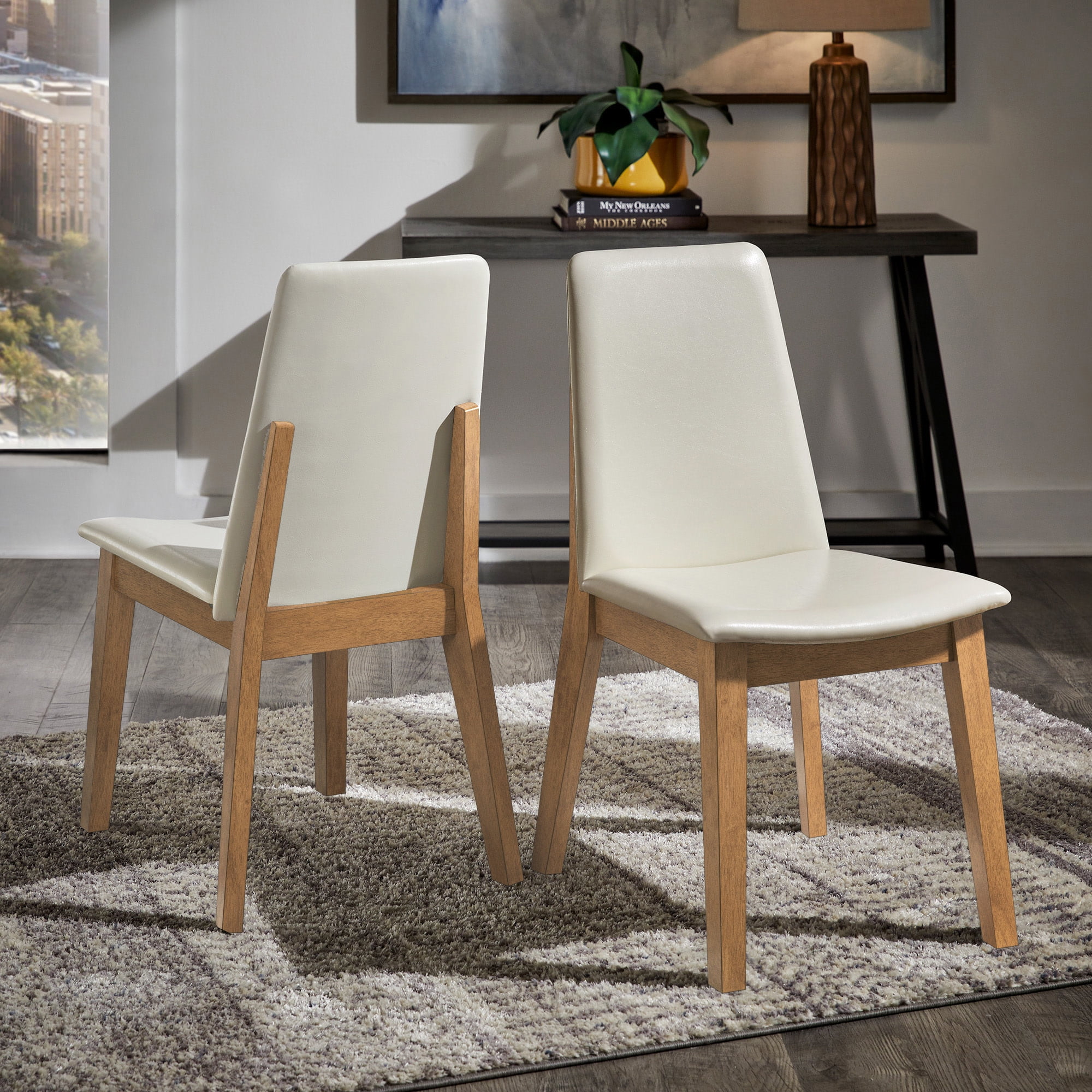 Set Of 2 Modern White Faux Leather And Walnut Finish Dining Chairs Set Of 2 Modern White Faux Leather And Walnut Finish Dining Chairs
