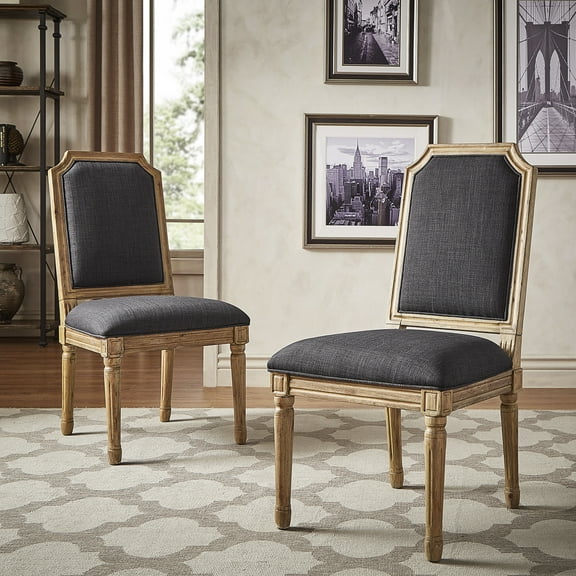 Weston Home Amadell Arched Linen and Wood Dining Chairs, Set of 2, Dark Grey Linen, Natural Finish