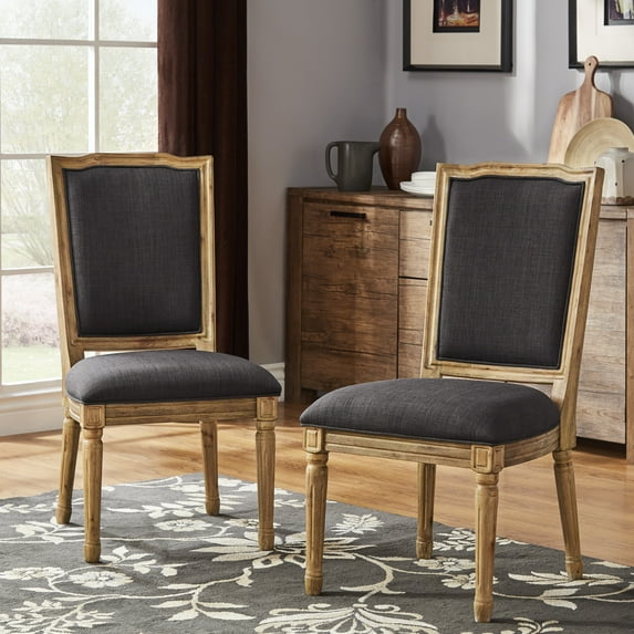 Weston Home Amadell Ornate Linen and Wood Dining Chairs, Set of 2, Dark Grey Linen, Natural Finish