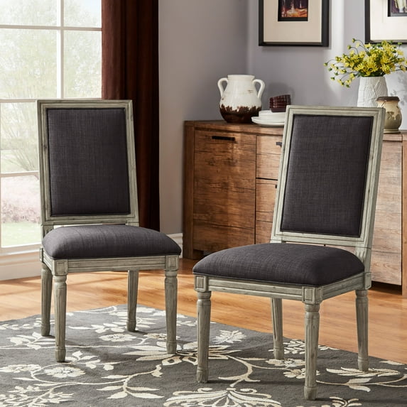 Weston Home Amadell Traditional Linen Solid Dining Side Chairs, Dark Gray Linen/Antique Grey Oak Finish (Set of 2)