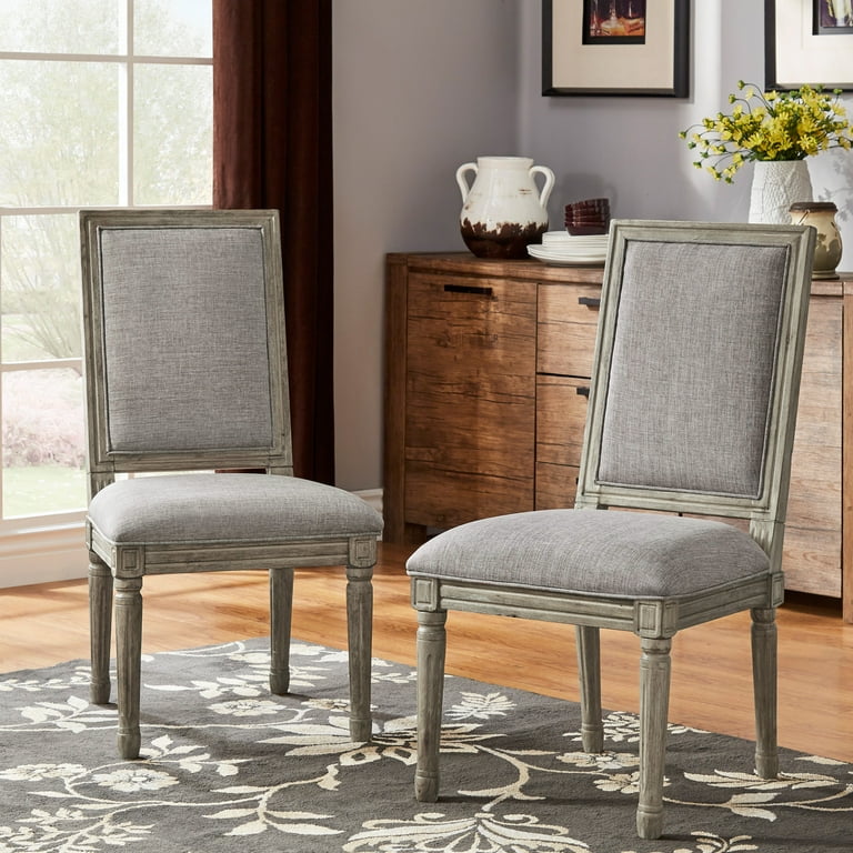 Weston Home Rustic Upholstered Dining Chairs Set of 2, Grey Linen
