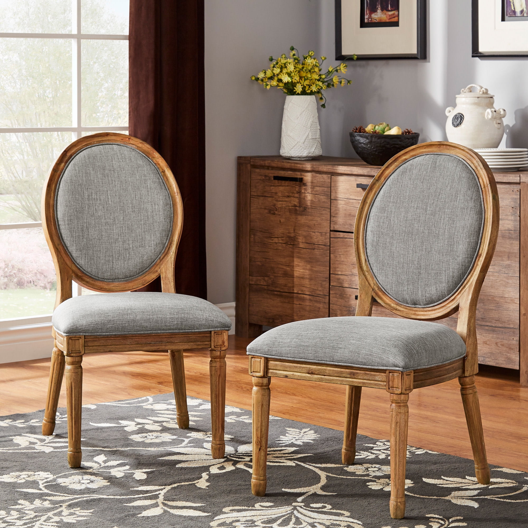Weston Home Amadell Round Linen and Wood Dining Chairs, Set of 2, Grey Linen, Natural Finish