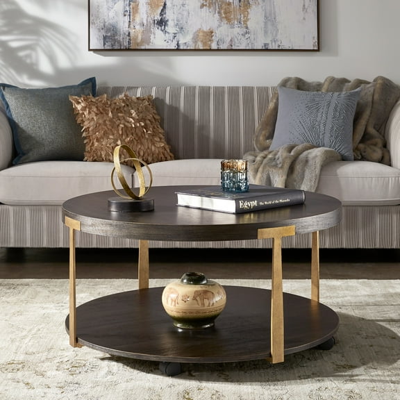 Weston Home Ario Wood and Metal T-Brace Round Coffee Table, Brown Finish