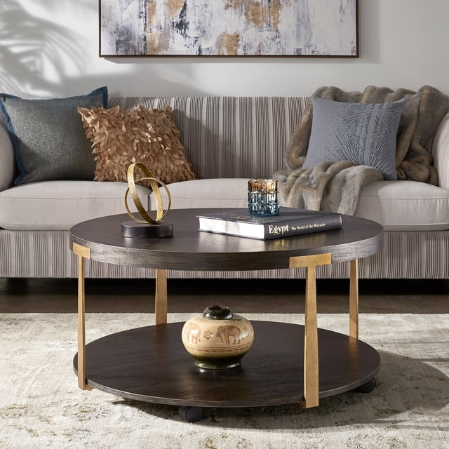 Weston Home Ario Wood and Metal T-Brace Round Coffee Table, Brown Finish - Walmart.com