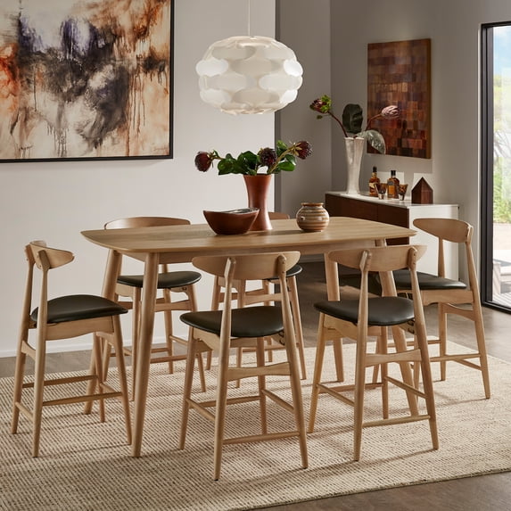 Weston Home Arne Mid-Century Natural Oak 7 Piece Counter Height Dining Set, Black Faux Leather