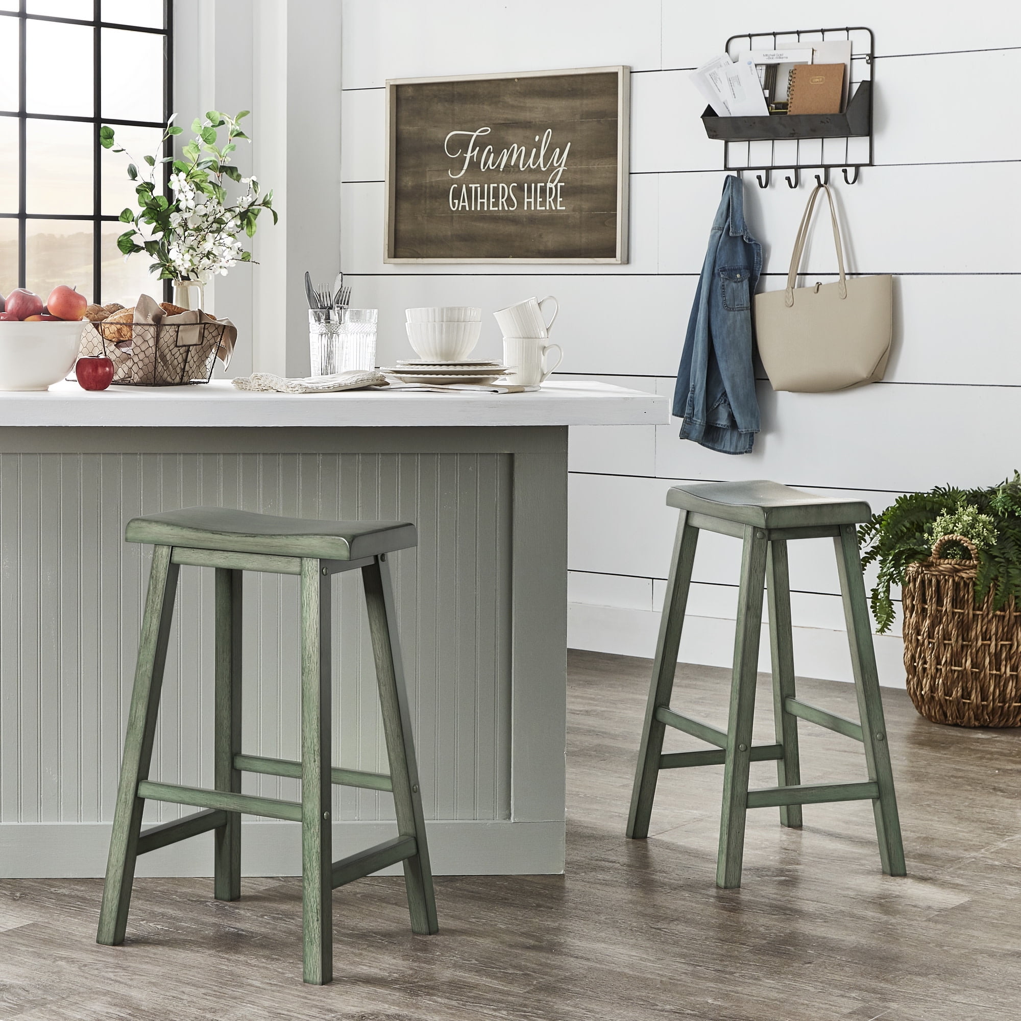 Weston Home Ashby Saddle Seat 29-inch Bar Height Backless Stools, Set of 2, Antique Sage Green