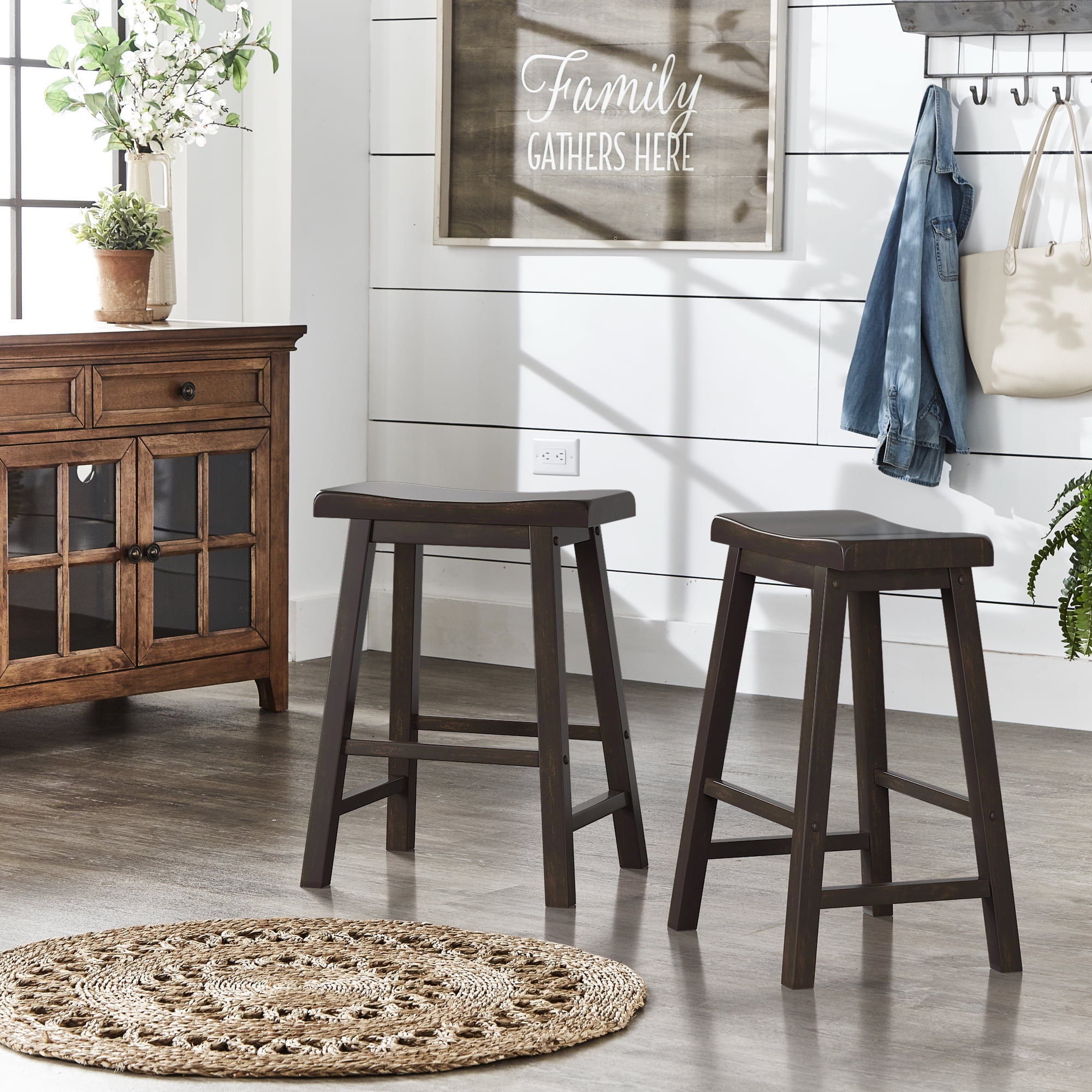 Weston Home Ashby Saddle Seat Backless Wood Counter Stools, Set of 2, Antique Black