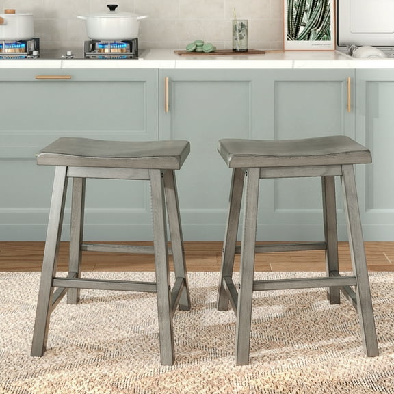 Weston Home Ashby Saddle Seat Backless Wood Counter Stools, Set of 2, Antique Grey