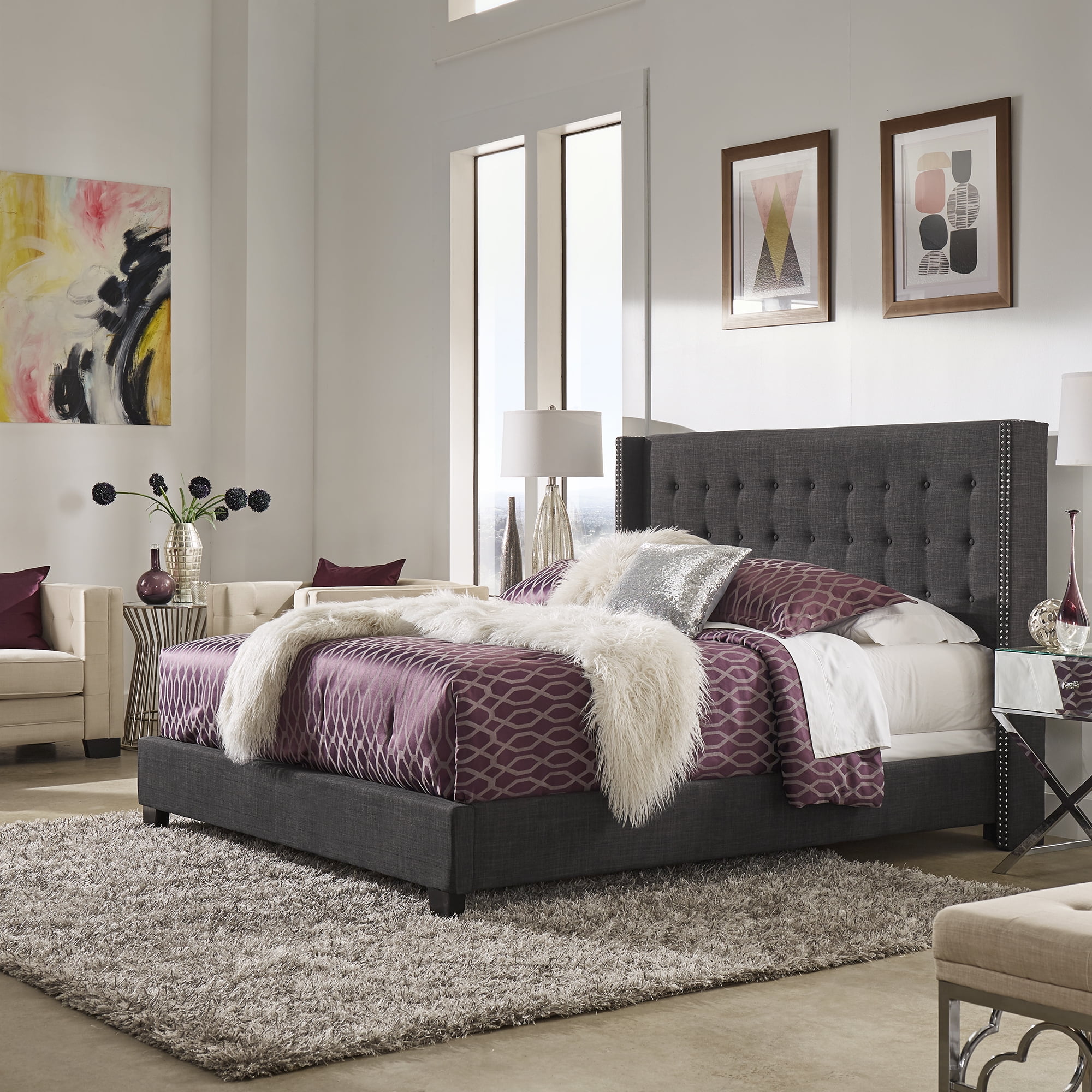 Weston Home Atchison Linen King Wingback Headboard, Dark Gray
